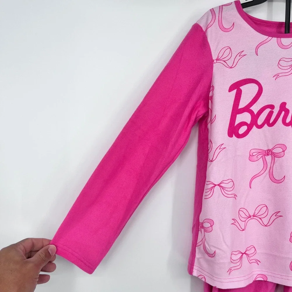 NWOT‎ Barbie Girls Pink Pajama Set 2 Piece Fleece Bow Logo Size Medium 7/8